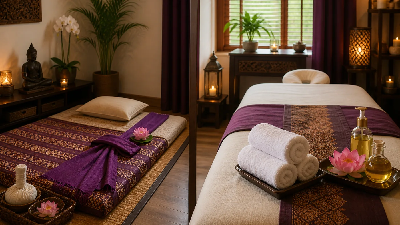 Thai massage benefits in England with a calm spa treatment setting